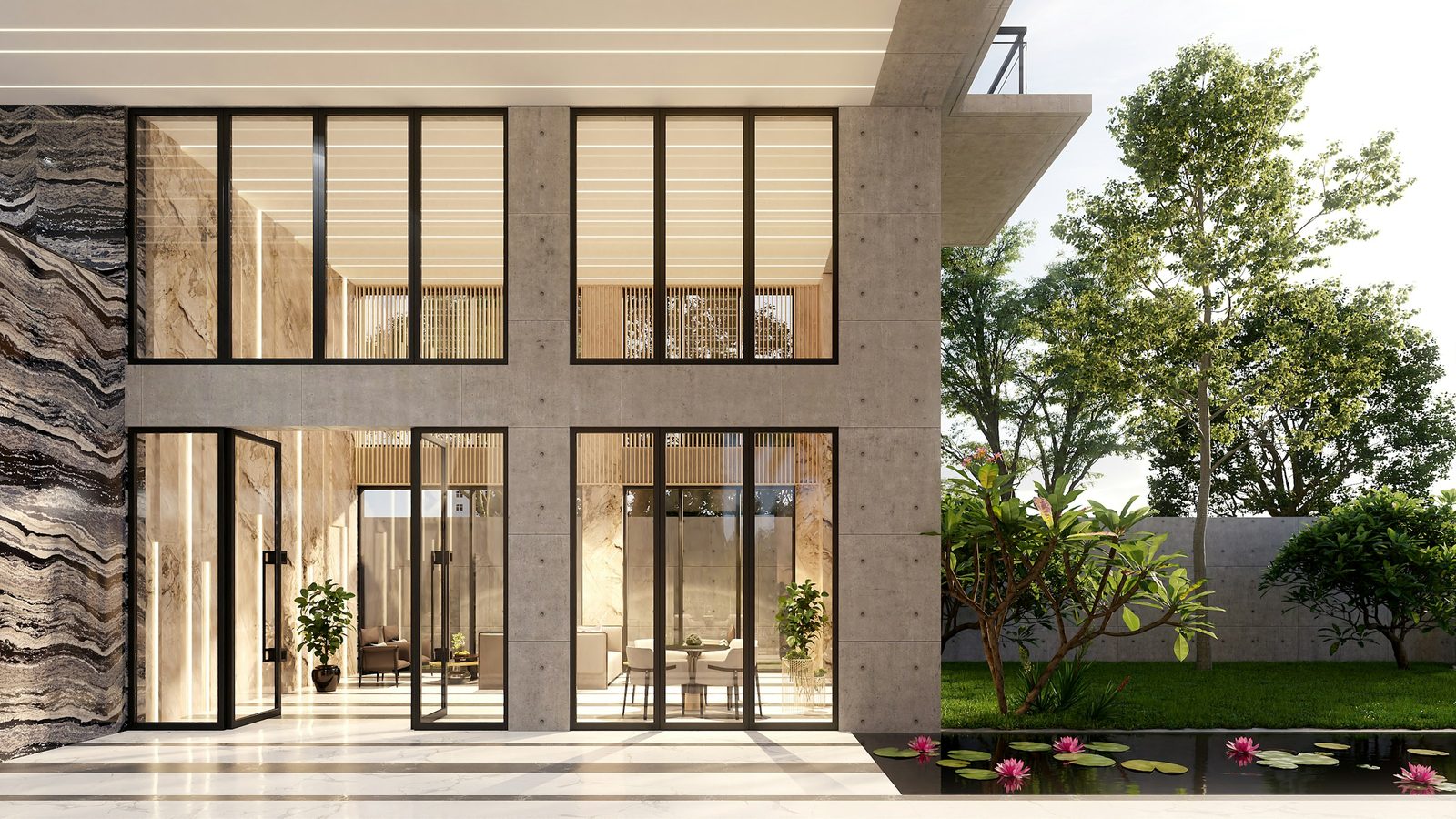 Premium modern luxury home with expansive glazing, stone detailing and landscaped garden