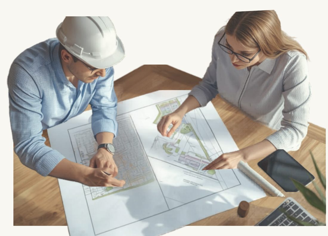 Architect and client reviewing site plans together at the first briefing