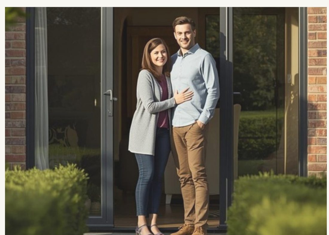 Homeowners at the front door of their newly completed home