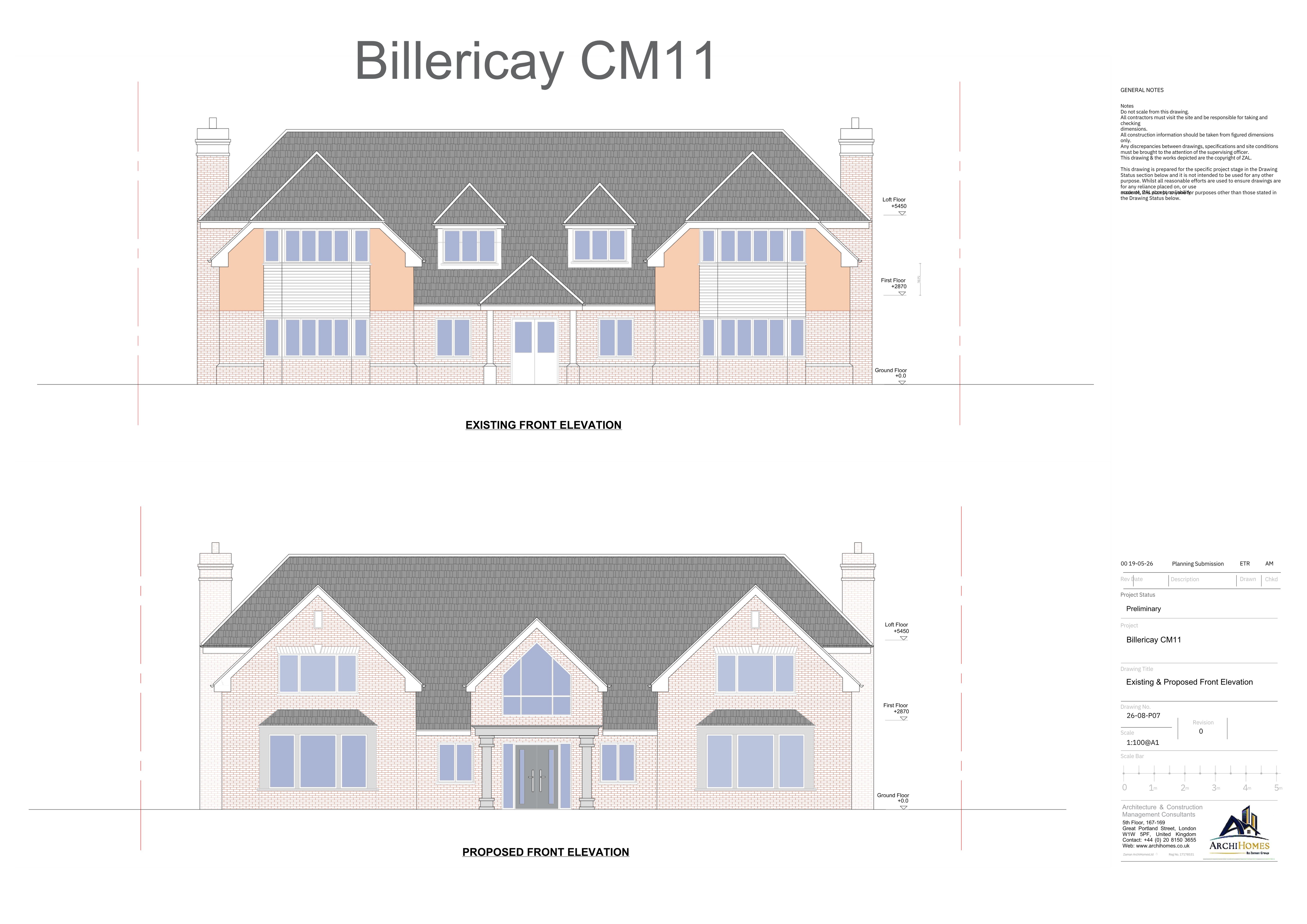 Residential Design, Billericay — existing and proposed front elevations
